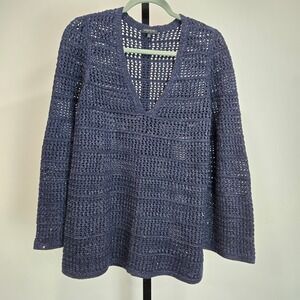 Lafayette 148 Cashmere Silk Navy Blue Sparkle Knit V Neck Tunic Sweater Small